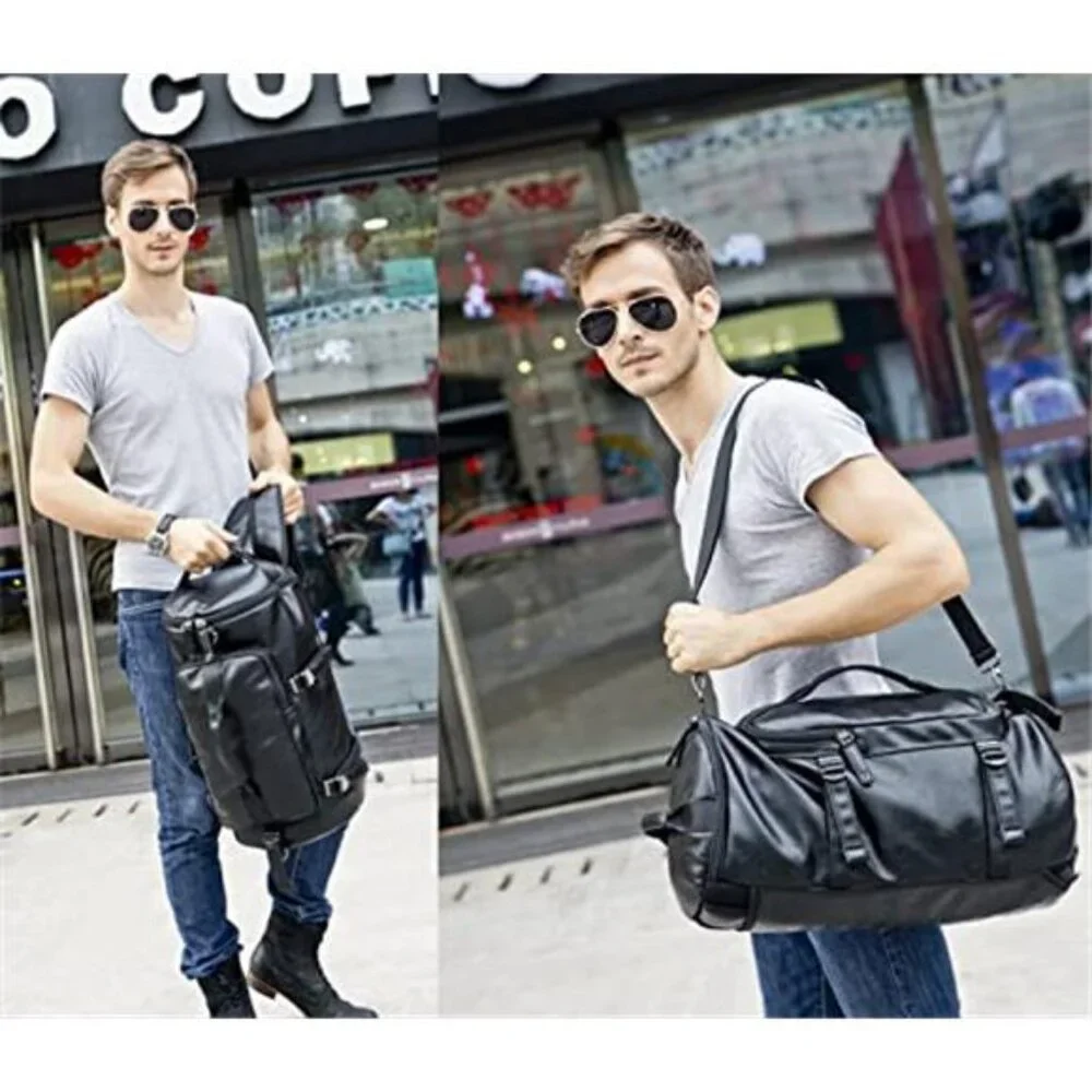 Men's Stylish Vegan Leather Weekender Travel Duffel Tote Bag Backpack